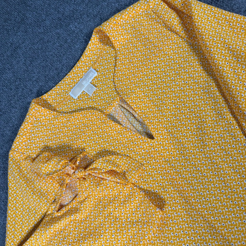 Michael Kors Yellow Floral Tie Sleeve Blouse Split Neck Top Size Medium #4287